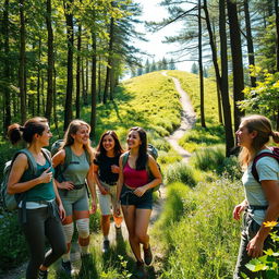 A vibrant scene of young women enjoying a picturesque hike through a lush forest