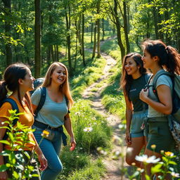 A vibrant scene of young women enjoying a picturesque hike through a lush forest