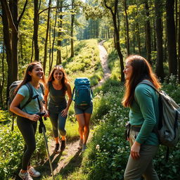 A vibrant scene of young women enjoying a picturesque hike through a lush forest