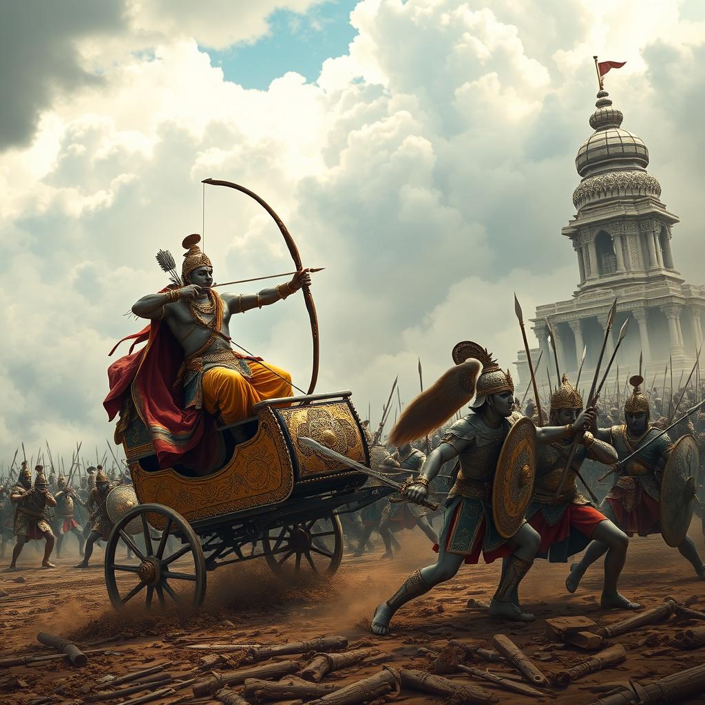 An epic scene inspired by the Mahabharata, featuring a grand battlefield with warriors in traditional armor