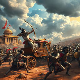 An epic scene inspired by the Mahabharata, featuring a grand battlefield with warriors in traditional armor