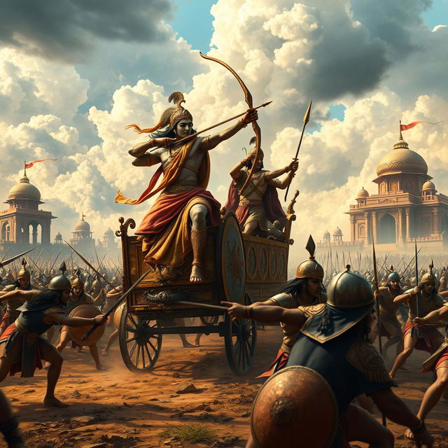 An epic scene inspired by the Mahabharata, featuring a grand battlefield with warriors in traditional armor