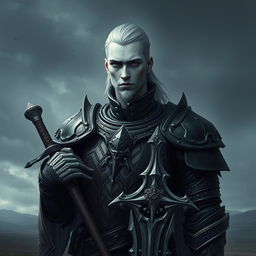 A fallen Aasimar male paladin with pale skin that almost glows against the shadows, his cold, piercing eyes reflecting a deep sense of loss and determination