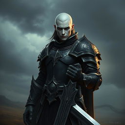 A fallen Aasimar male paladin with pale skin that almost glows against the shadows, his cold, piercing eyes reflecting a deep sense of loss and determination