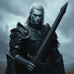 A fallen Aasimar male paladin with pale skin that almost glows against the shadows, his cold, piercing eyes reflecting a deep sense of loss and determination