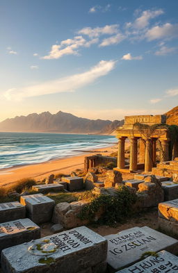 A stunning landscape featuring a picturesque beach with golden sand and crystal blue waves lapping at the shore, contrasted by majestic mountains rising in the background