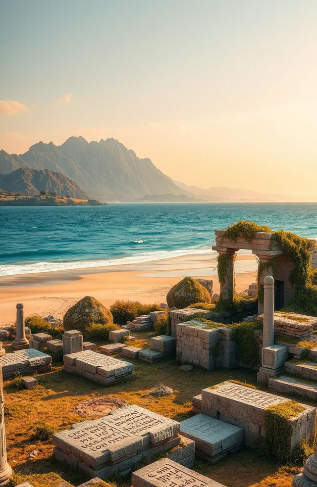 A stunning landscape featuring a picturesque beach with golden sand and crystal blue waves lapping at the shore, contrasted by majestic mountains rising in the background