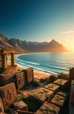 A stunning landscape featuring a picturesque beach with golden sand and crystal blue waves lapping at the shore, contrasted by majestic mountains rising in the background