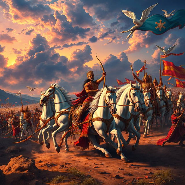 An epic scene from the Mahabharata, showcasing a grand battlefield with warriors clad in intricate armor, horses charging, and vibrant flags flying