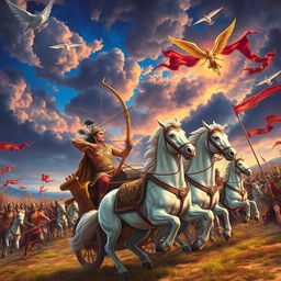 An epic scene from the Mahabharata, showcasing a grand battlefield with warriors clad in intricate armor, horses charging, and vibrant flags flying