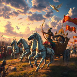 An epic scene from the Mahabharata, showcasing a grand battlefield with warriors clad in intricate armor, horses charging, and vibrant flags flying