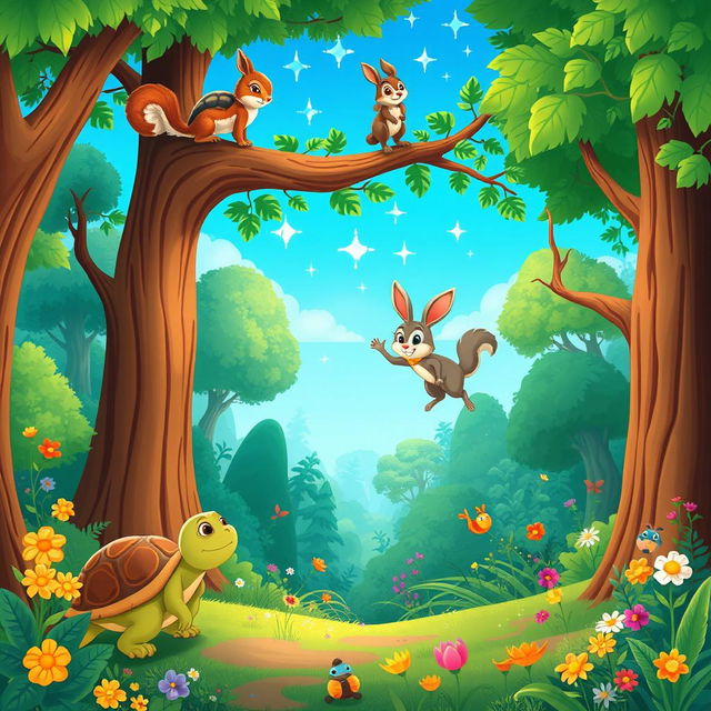 A vibrant and colorful magical forest filled with lush green trees, bright flowers, and whimsical creatures