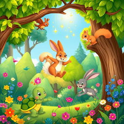 A vibrant and colorful magical forest filled with lush green trees, bright flowers, and whimsical creatures