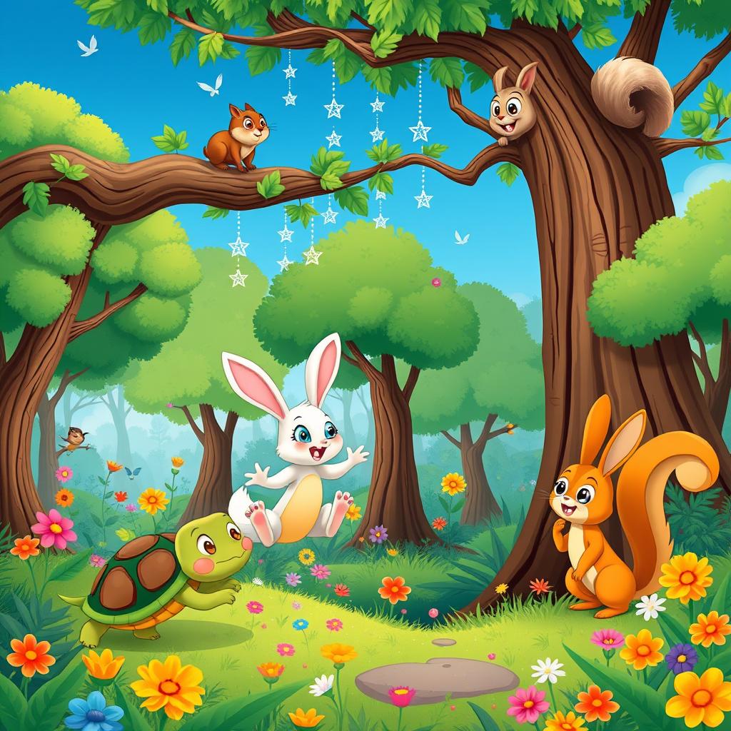 A vibrant and colorful magical forest filled with lush green trees, bright flowers, and whimsical creatures