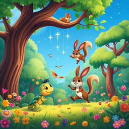 A vibrant and colorful magical forest filled with lush green trees, bright flowers, and whimsical creatures