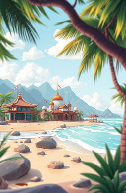 A whimsical scene featuring a beautiful beach with soft waves lapping at the shore, framed by majestic mountains in the background
