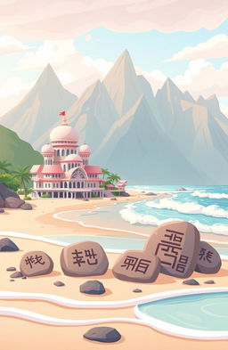A whimsical scene featuring a beautiful beach with soft waves lapping at the shore, framed by majestic mountains in the background