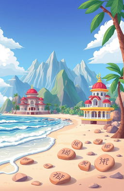 A whimsical scene featuring a beautiful beach with soft waves lapping at the shore, framed by majestic mountains in the background