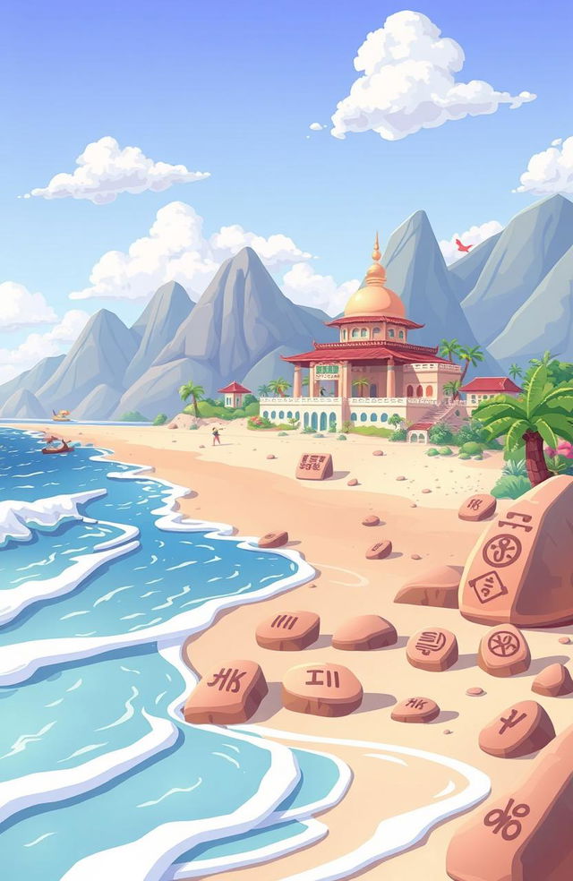 A whimsical scene featuring a beautiful beach with soft waves lapping at the shore, framed by majestic mountains in the background