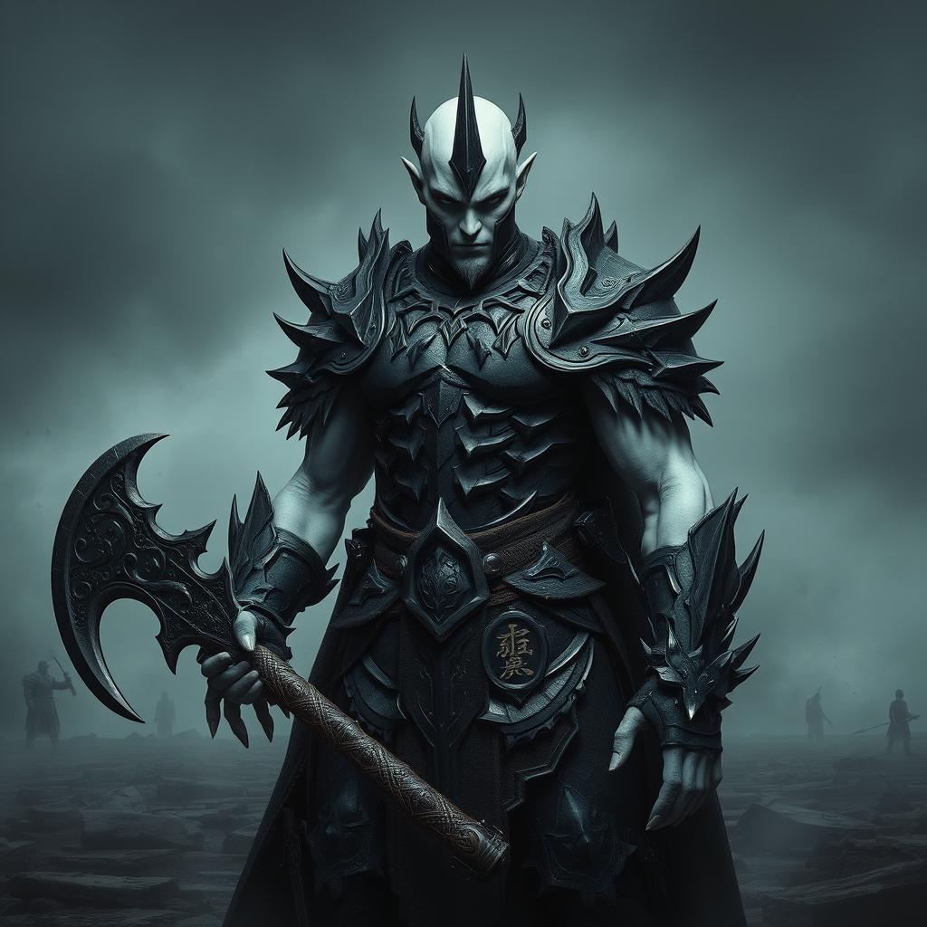 A fallen Aasimar male paladin standing in a menacing pose, showcasing his striking pale skin that contrasts sharply with his dark, spiked armor