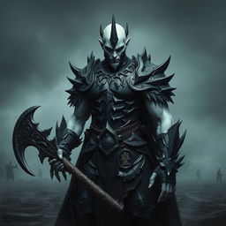 A fallen Aasimar male paladin standing in a menacing pose, showcasing his striking pale skin that contrasts sharply with his dark, spiked armor