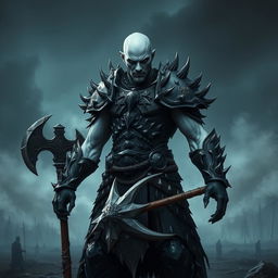 A fallen Aasimar male paladin standing in a menacing pose, showcasing his striking pale skin that contrasts sharply with his dark, spiked armor