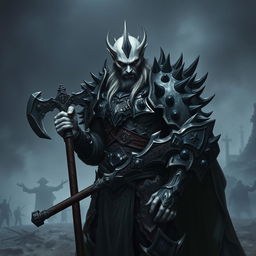 A fallen Aasimar male paladin standing in a menacing pose, showcasing his striking pale skin that contrasts sharply with his dark, spiked armor