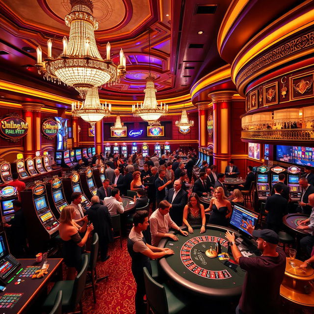 A vibrant casino scene showcasing a luxurious interior filled with elegant slot machines, roulette tables, and poker games
