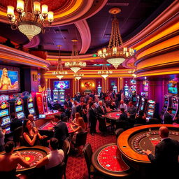 A vibrant casino scene showcasing a luxurious interior filled with elegant slot machines, roulette tables, and poker games