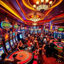 A vibrant casino scene showcasing a luxurious interior filled with elegant slot machines, roulette tables, and poker games