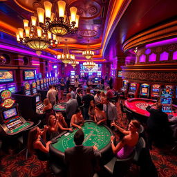 A vibrant casino scene showcasing a luxurious interior filled with elegant slot machines, roulette tables, and poker games
