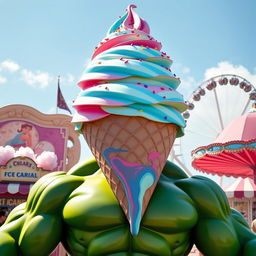 A giant Hulk figure with an oversized ice cream cone for a head, featuring vibrant colors