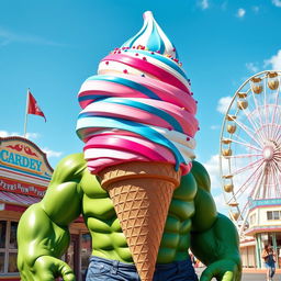 A giant Hulk figure with an oversized ice cream cone for a head, featuring vibrant colors