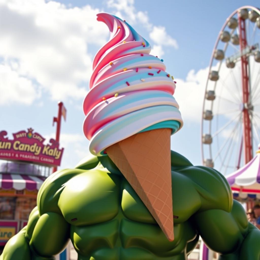 A giant Hulk figure with an oversized ice cream cone for a head, featuring vibrant colors