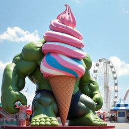 A giant Hulk figure with an oversized ice cream cone for a head, featuring vibrant colors