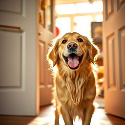 A cheerful golden retriever dog standing behind an open door, its tail wagging excitedly, showcasing a playful and happy demeanor