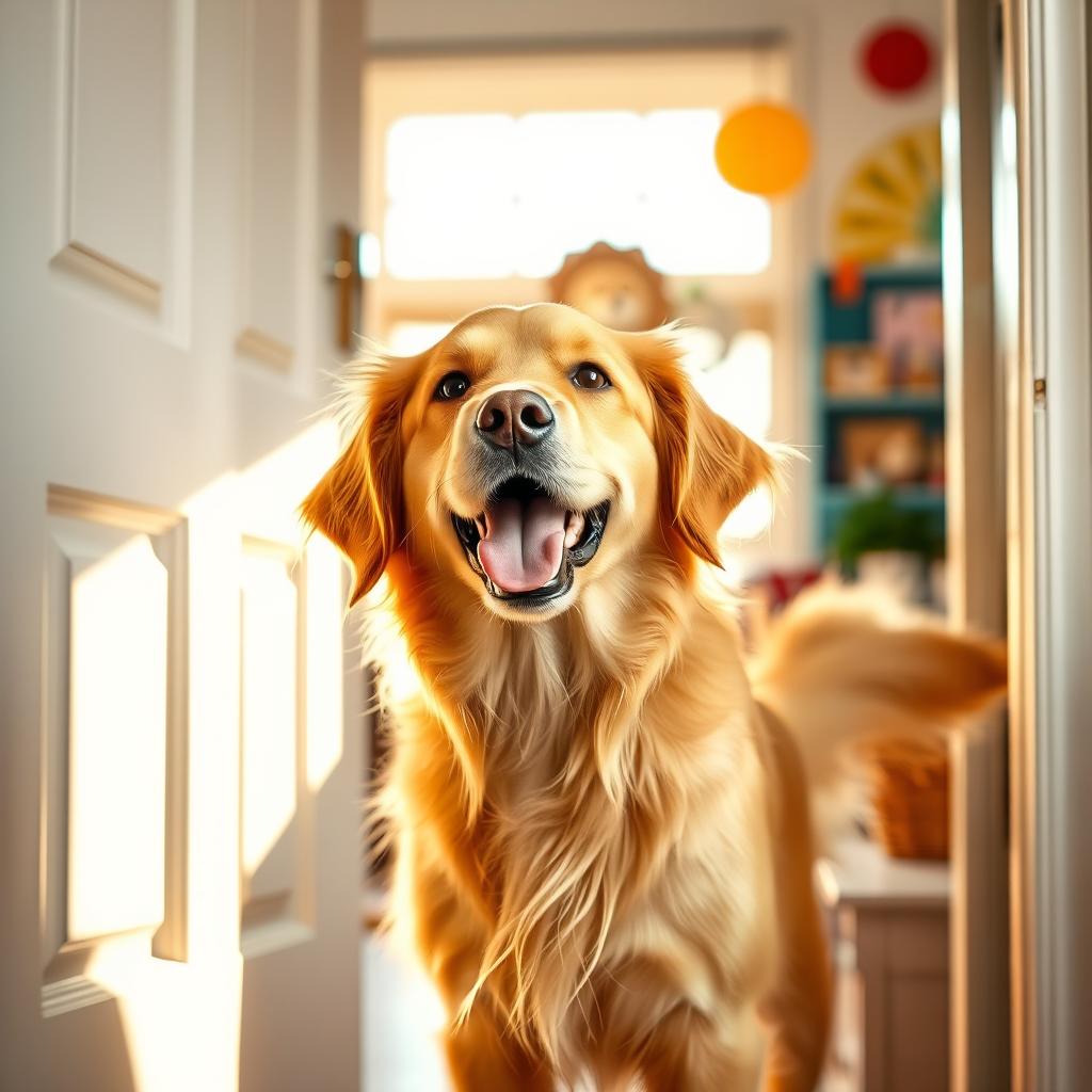 A cheerful golden retriever dog standing behind an open door, its tail wagging excitedly, showcasing a playful and happy demeanor