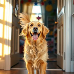 A cheerful golden retriever dog standing behind an open door, its tail wagging excitedly, showcasing a playful and happy demeanor