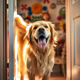 A cheerful golden retriever dog standing behind an open door, its tail wagging excitedly, showcasing a playful and happy demeanor