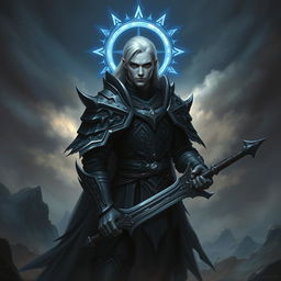 A fallen Aasimar male paladin with strikingly pale skin that contrasts starkly with his dark, intricately designed armor, which features sharp edges and celestial motifs