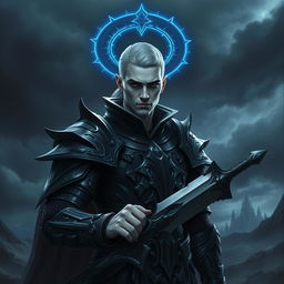 A fallen Aasimar male paladin with strikingly pale skin that contrasts starkly with his dark, intricately designed armor, which features sharp edges and celestial motifs