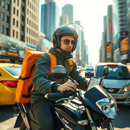 A dynamic scene featuring a motoboy delivering food