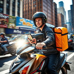 A dynamic scene featuring a motoboy delivering food