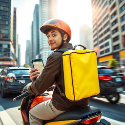 A dynamic scene featuring a motoboy delivering food