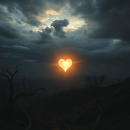 A radiant heart glowing brightly in the center of a dark, moody landscape, symbolizing eternal love that persists despite suffering