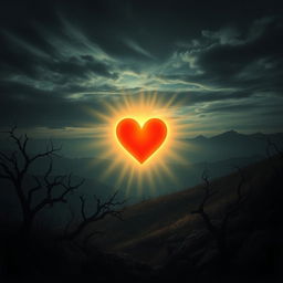 A radiant heart glowing brightly in the center of a dark, moody landscape, symbolizing eternal love that persists despite suffering
