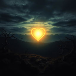 A radiant heart glowing brightly in the center of a dark, moody landscape, symbolizing eternal love that persists despite suffering