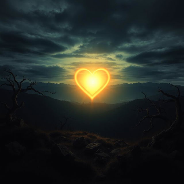 A radiant heart glowing brightly in the center of a dark, moody landscape, symbolizing eternal love that persists despite suffering