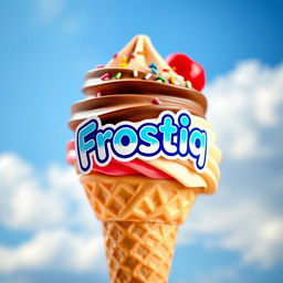 A delicious ice cream cone featuring a swirl of three flavors: strawberry, chocolate, and vanilla