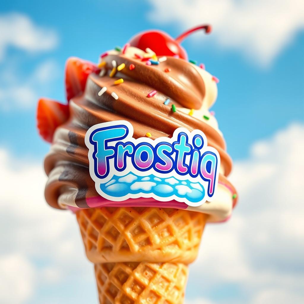 A delicious ice cream cone featuring a swirl of three flavors: strawberry, chocolate, and vanilla